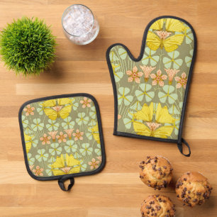 Butterfly Floral Botanical Colourful Oven Mitt & Pot Holder Set