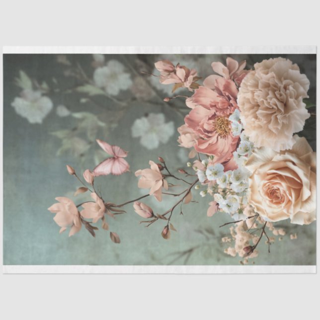 Butterfly & Floral Bouquet, pink, green & beige Tissue Paper (Front)