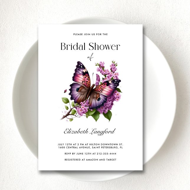 Butterfly Floral Bridal Shower Invitation (Customizable Purple Floral Butterfly Bridal Shower Invitation)