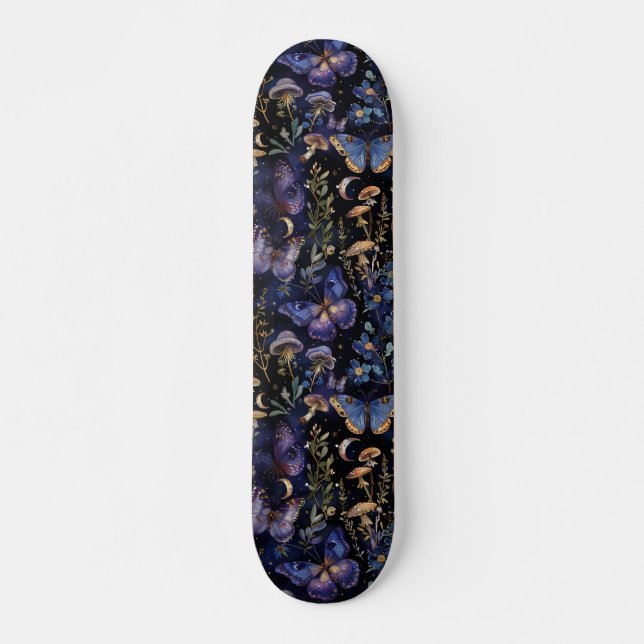 Butterfly Floral Celestial Mystical Dark Pattern Skateboard (Front)