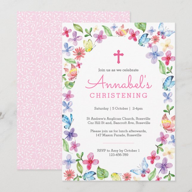 Butterfly floral Christening Baptism Invitation (Front/Back)