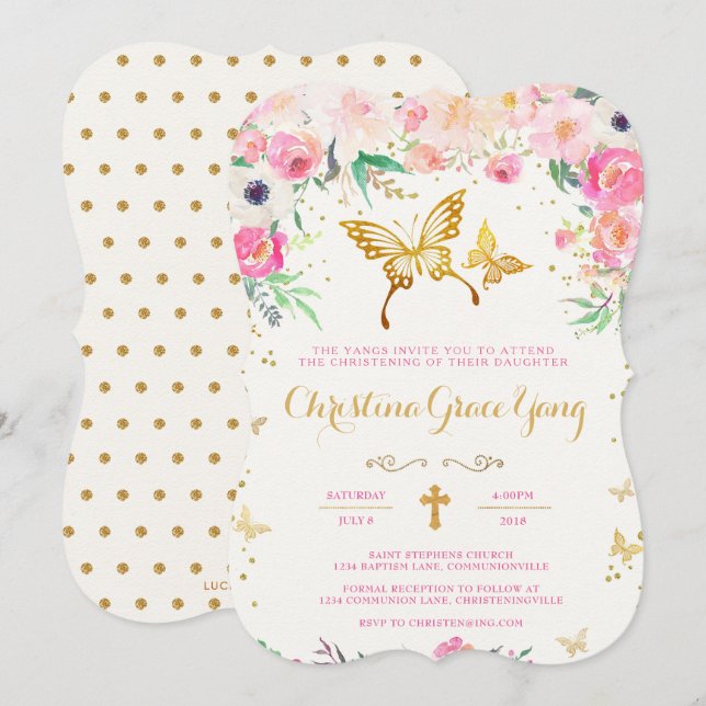 Butterfly Floral Christening Invitation (Front/Back)