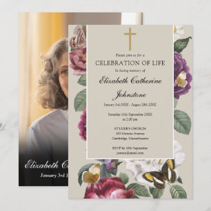 Butterfly Floral Christian Funeral Memorial Photo Invitation