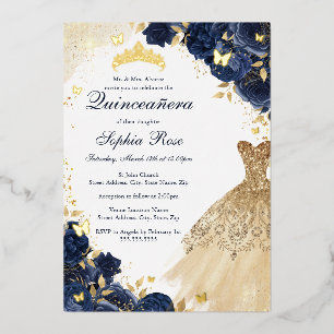 Butterfly Floral Dress Navy Gold Quinceanera