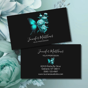 Butterfly Floral Elegant Script Black Business Card