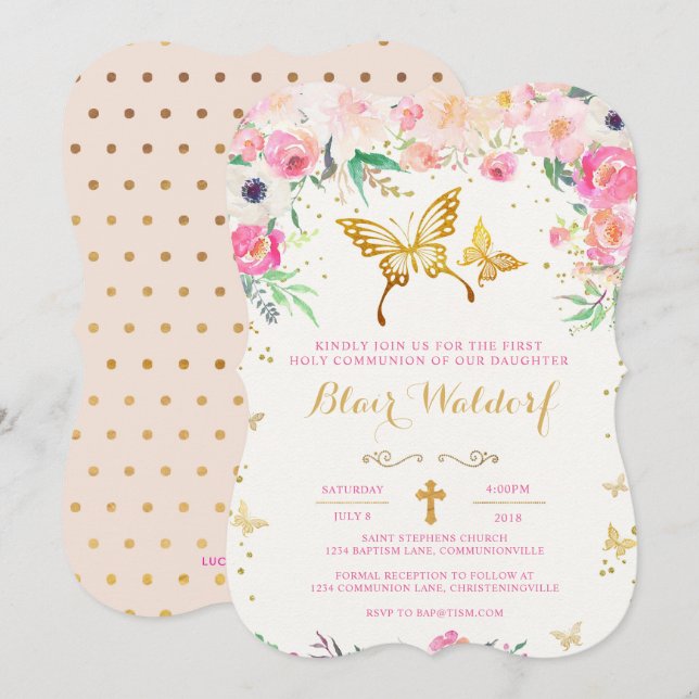 Butterfly Floral First Holy Communion Invitation (Front/Back)
