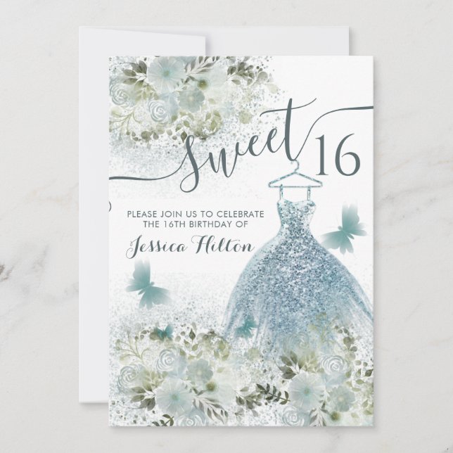 Butterfly floral garden blue dress sweet sixteen invitation (Front)