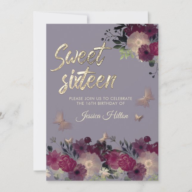 Butterfly floral garden lilac sweet sixteen  invitation (Front)