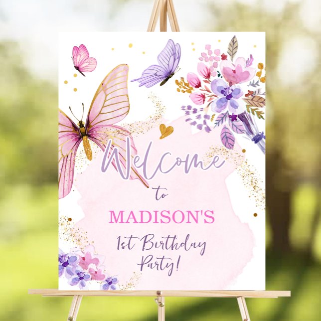 Butterfly Floral Garden Pink Girl Birthday Welcome Poster (Creator Uploaded)