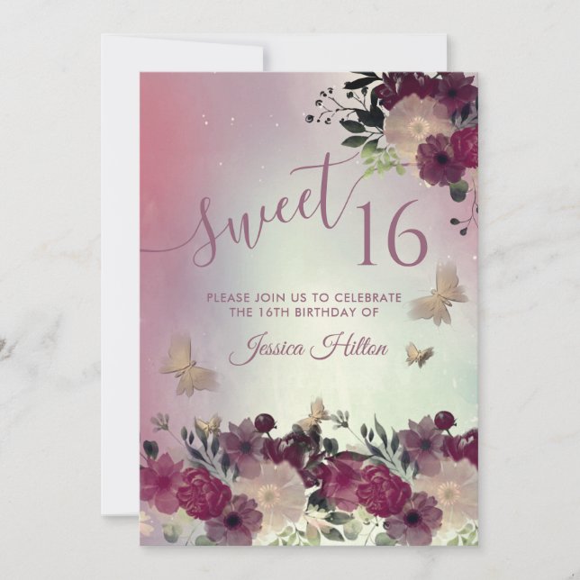 Butterfly floral garden sweet sixteen blushed invitation (Front)