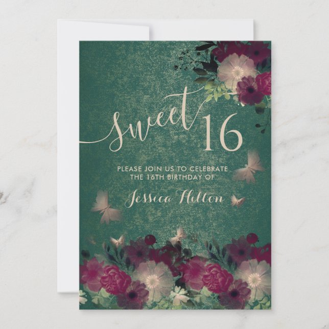 Butterfly floral garden sweet sixteen green invitation (Front)