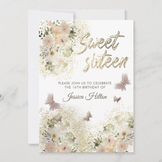 Butterfly floral garden sweet sixteen invitation (Front)