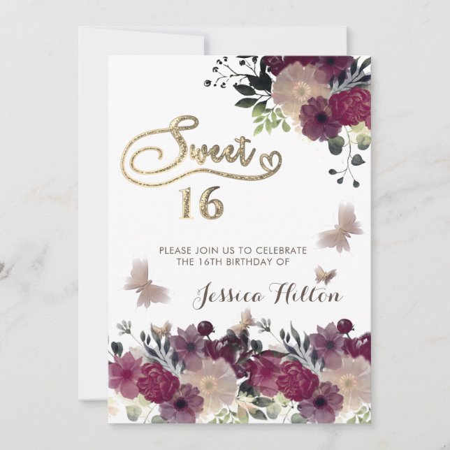 Butterfly floral garden sweet sixteen invitation (Front)