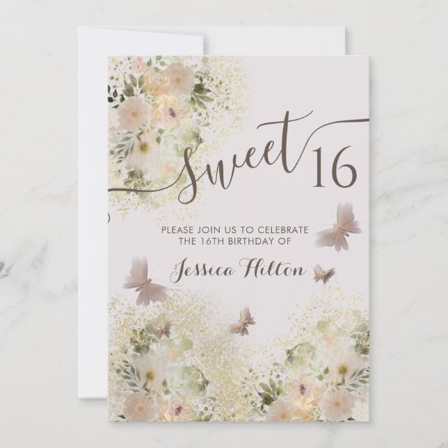 Butterfly floral garden sweet sixteen invitation (Front)