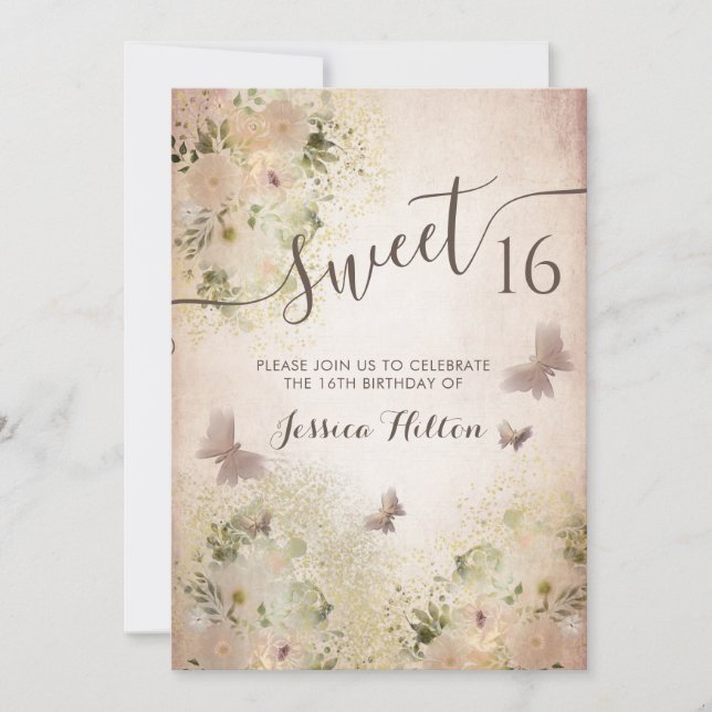 Butterfly floral garden sweet sixteen invitation (Front)