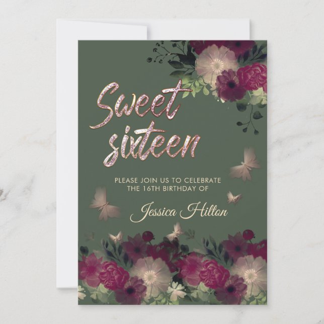 Butterfly floral garden sweet sixteen invitation (Front)