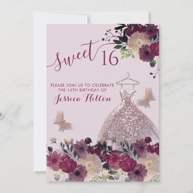 Butterfly floral garden sweet sixteen invitation (Front)