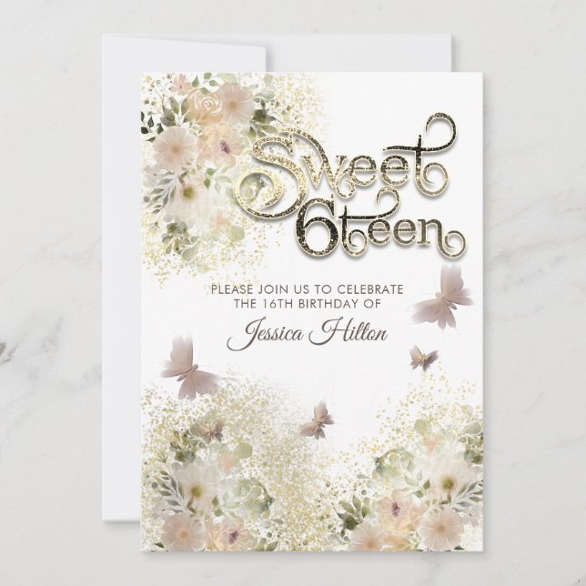 Butterfly floral garden sweet sixteen invitation (Front)