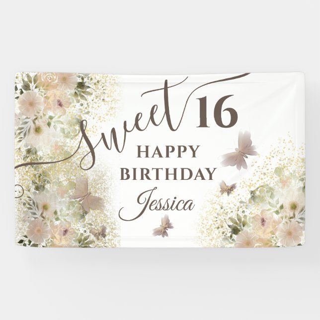 Butterfly floral garden sweet sixteen invitation banner (Horizontal)