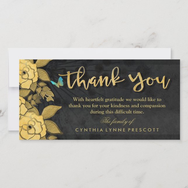 Butterfly Floral Gold & Black Thank You Sympathy Card (Front)