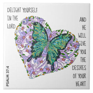Butterfly & Floral Heart, w verse from Psalm 37:4 Tile