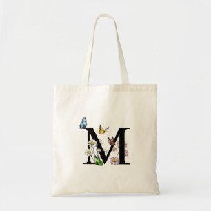 Butterfly Floral Letter M Monogram Tote Bag