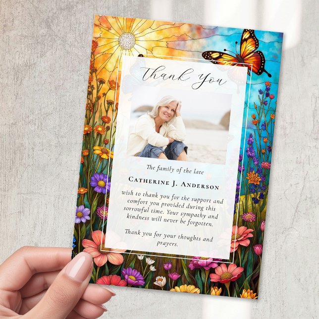 Butterfly Floral Memorial Photo Sympathy Funeral Thank You Card (Creator Uploaded)