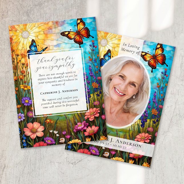Butterfly Floral Memorial Photo Sympathy Funeral Thank You Card (Creator Uploaded)