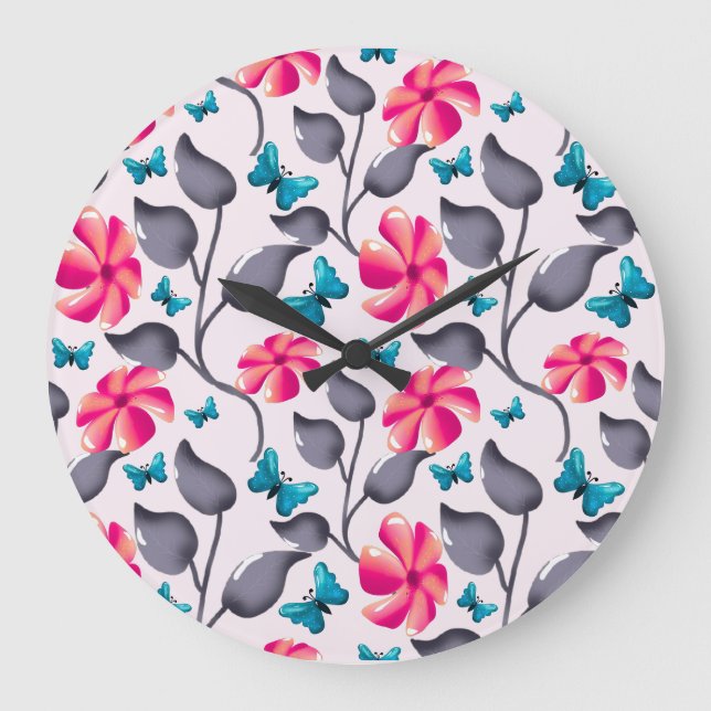 Butterfly floral  Pattern Elegant Botanical Large Clock (Front)