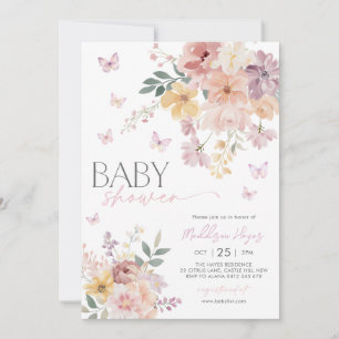Butterfly Floral Peach Pink Purple Baby Shower Invitation
