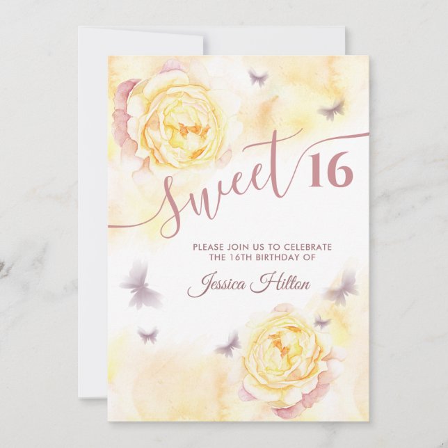 Butterfly floral peony sweet sixteen invitation (Front)
