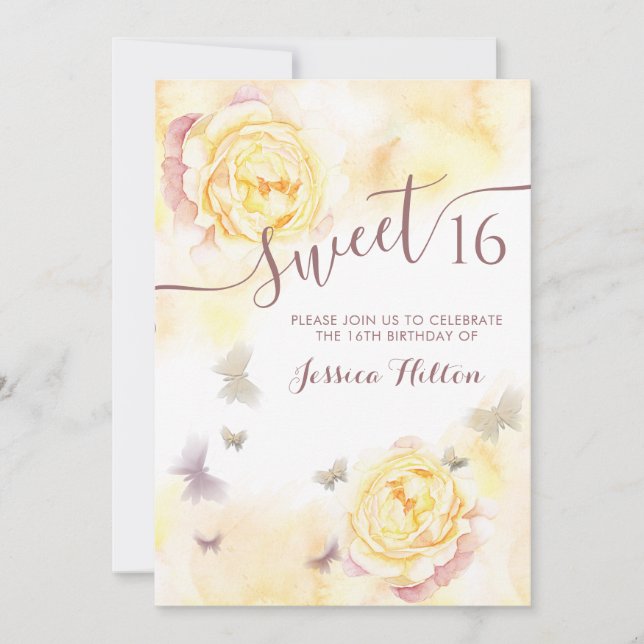 Butterfly floral peony sweet sixteen invitation (Front)