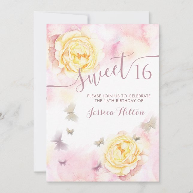 Butterfly floral peony sweet sixteen invitation (Front)