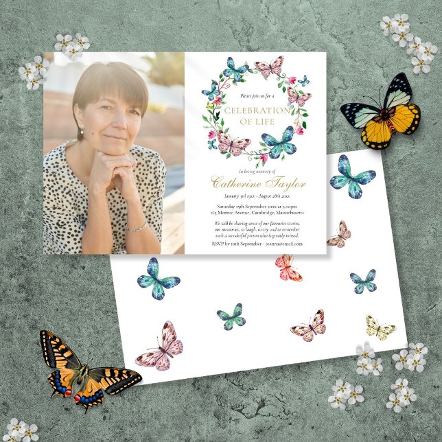 Butterfly Floral Photo Celebration of Life Funeral Invitation (Butterfly Floral Photo Celebration of Life Funeral Invitation)
