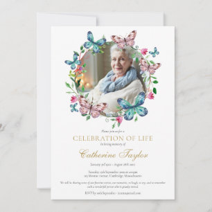 Butterfly Floral Photo Celebration of Life Funeral Invitation