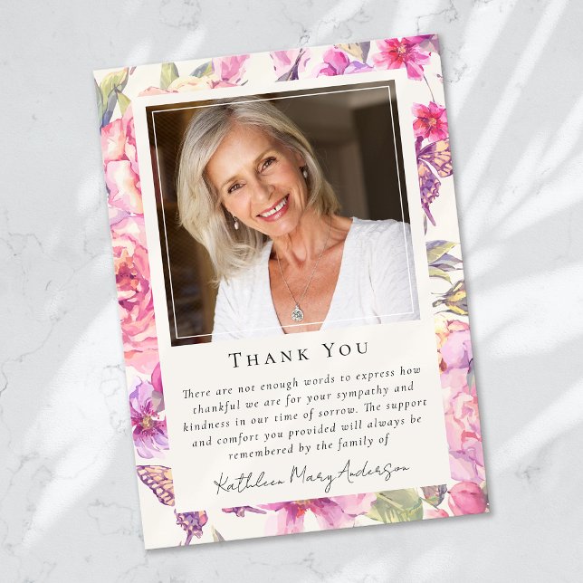 Butterfly Floral Photo Keepsake Funeral Memorial Thank You Card (Creator Uploaded)