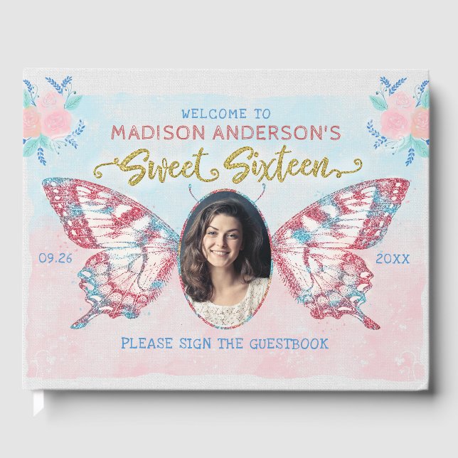 Butterfly Floral Photo Sweet 16 Birthday Party Guest Book (Front)