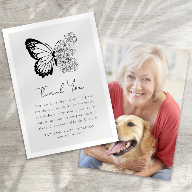 Butterfly Floral Photo Sympathy Funeral Thank You Card (Creator Uploaded)