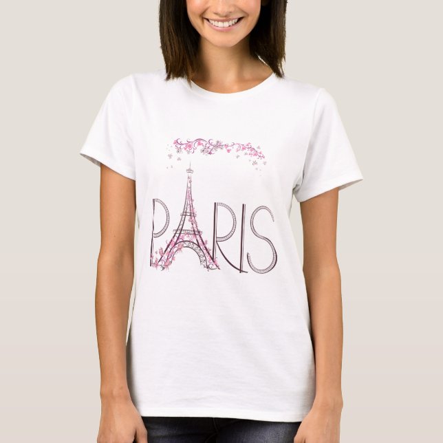 Butterfly Floral Pink Paris Eiffel Tower T-Shirt (Front)