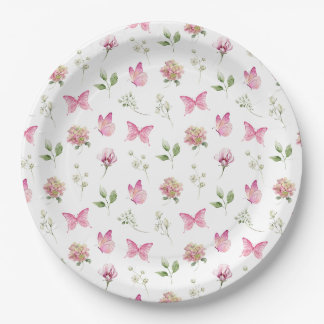Butterfly Floral Pink White Baby Shower Paper Plate