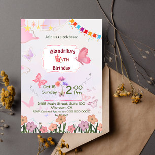 Butterfly floral pink & white cute 6th birthday  invitation