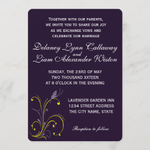 Butterfly & Floral Purple and Yellow Wedding Invitation
