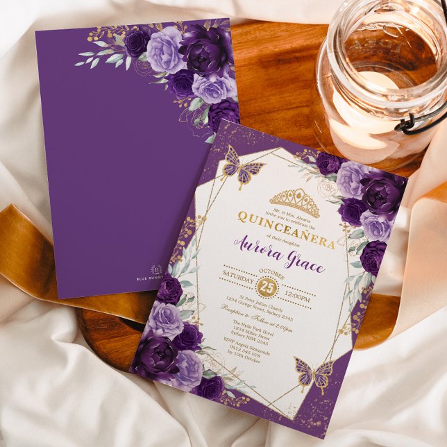 Butterfly Floral Quinceañera Violet Gold Geometric Invitation (Creator Uploaded)