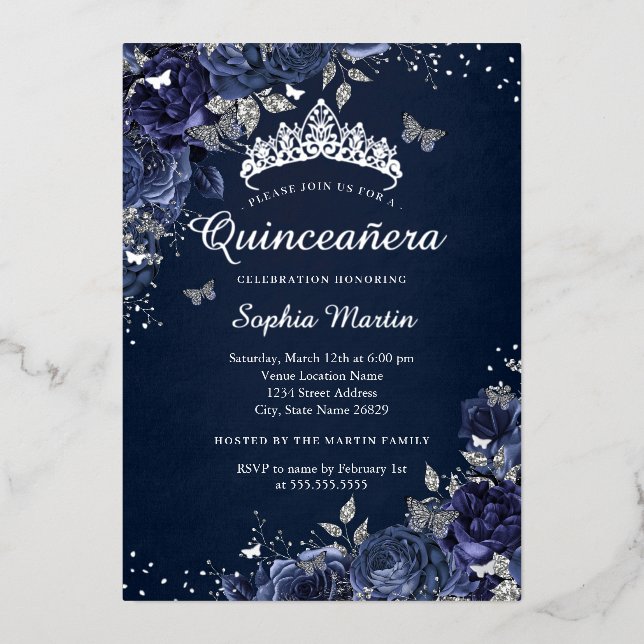 Butterfly Floral Royal Navy Quinceanera (Front)