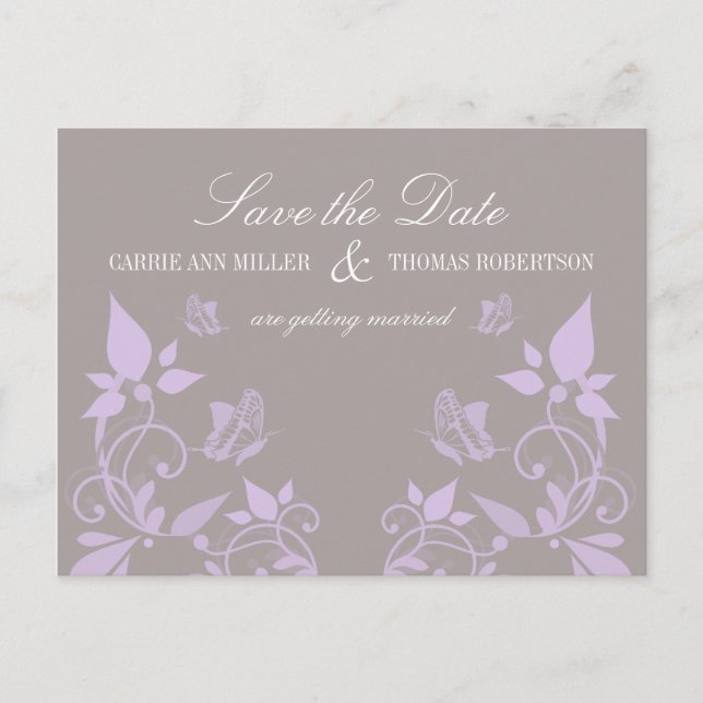 Butterfly Floral Save the Date Postcard, Lilac Announcement Postcard (Front)