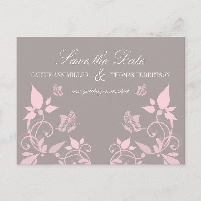 Butterfly Floral Save the Date Postcard, Pink Announcement Postcard (Front)