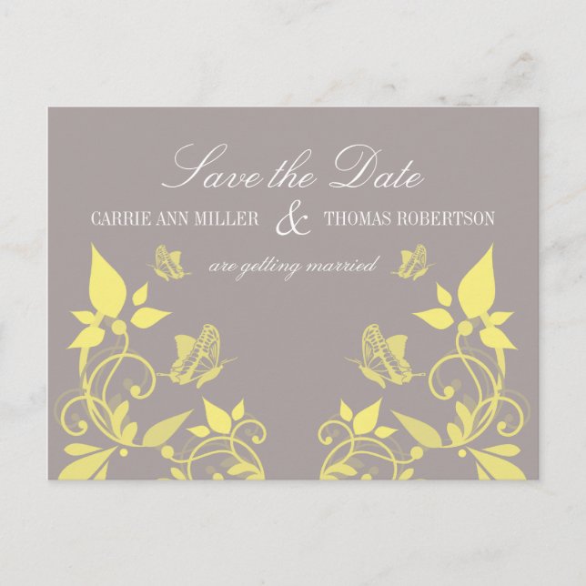 Butterfly Floral Save the Date Postcard, Yellow Announcement Postcard (Front)