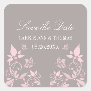 Butterfly Floral Save the Date Stickers, Pink Square Sticker