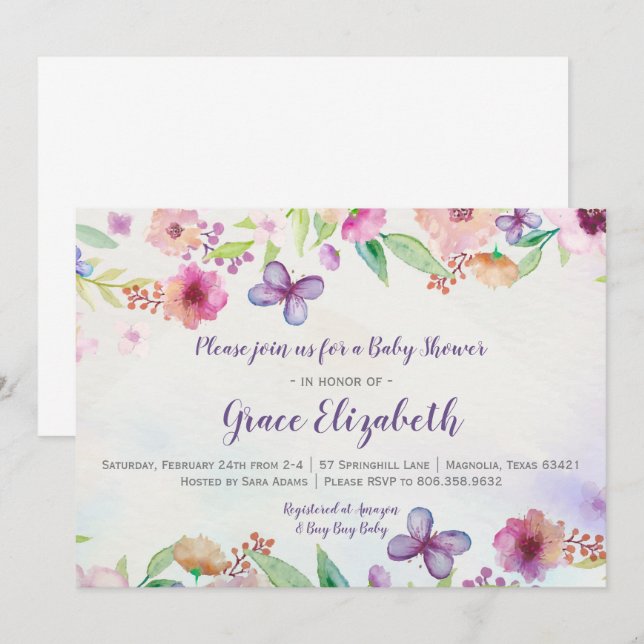 Butterfly Floral Watercolor Baby Shower Invitation (Front/Back)