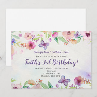 Butterfly Floral Watercolor Birthday Invitation